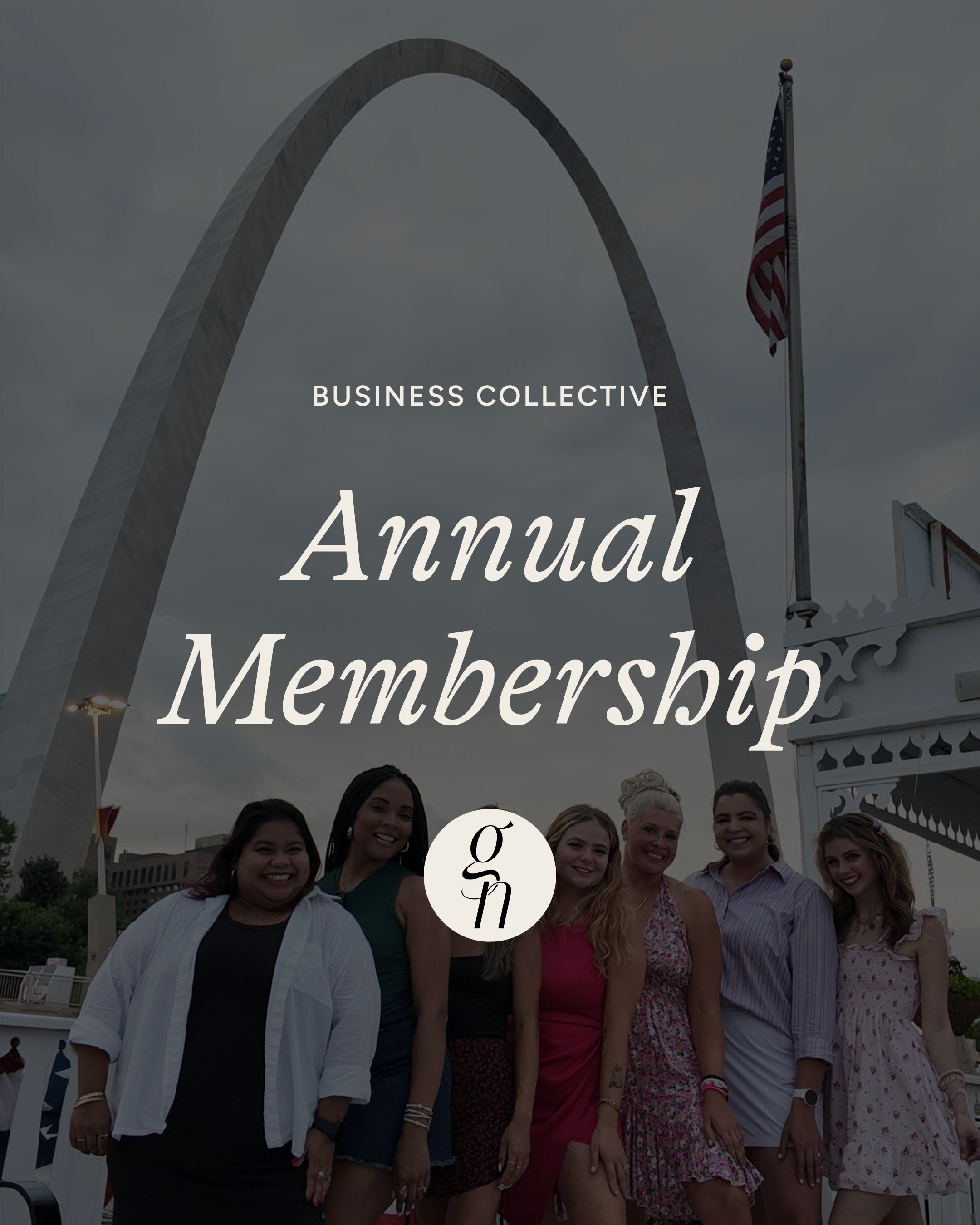 Group of people standing in front of a large arch with 'Business Collective Annual Membership' text overlay.