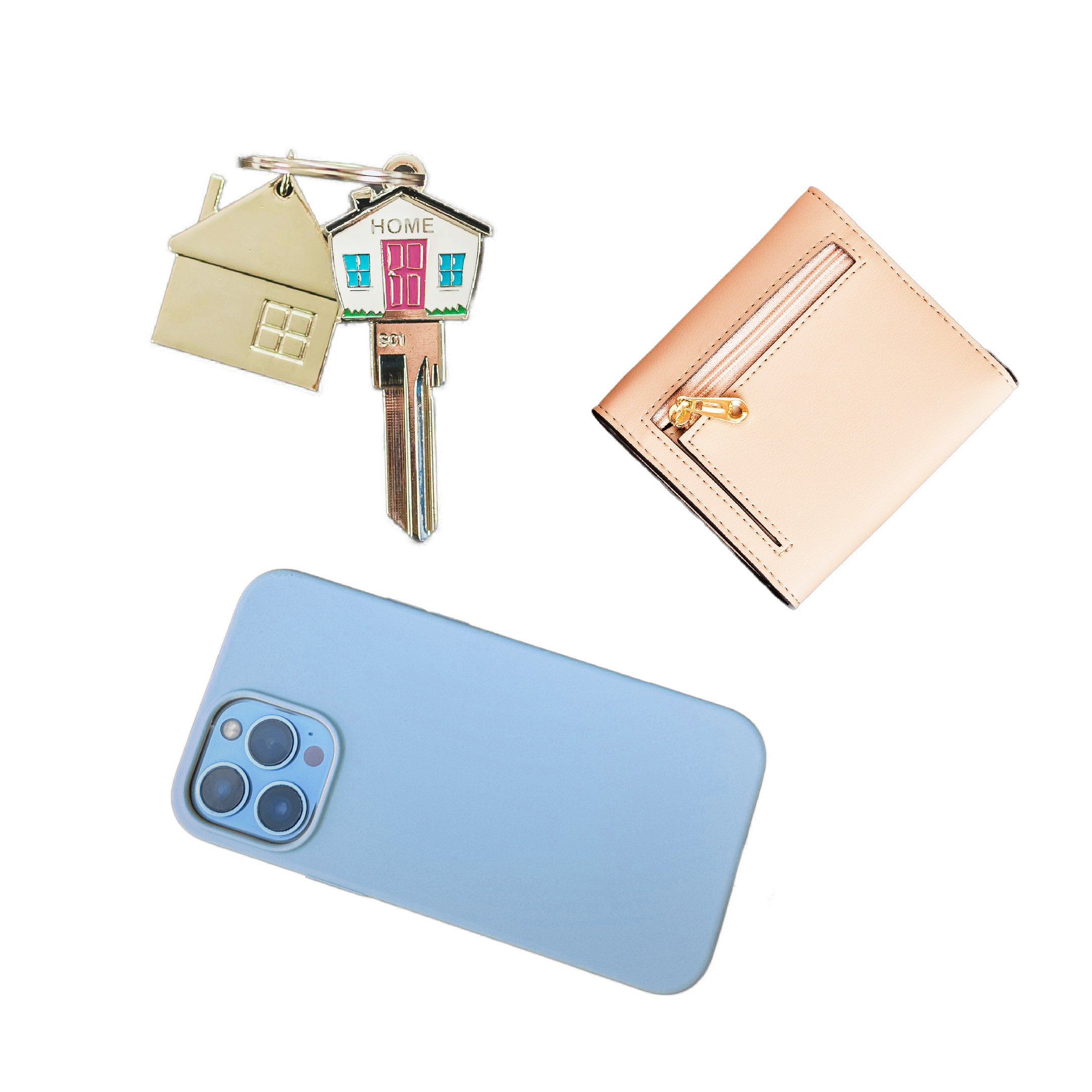 Phone case, keychain with house and key, and rose gold wallet on a white background
