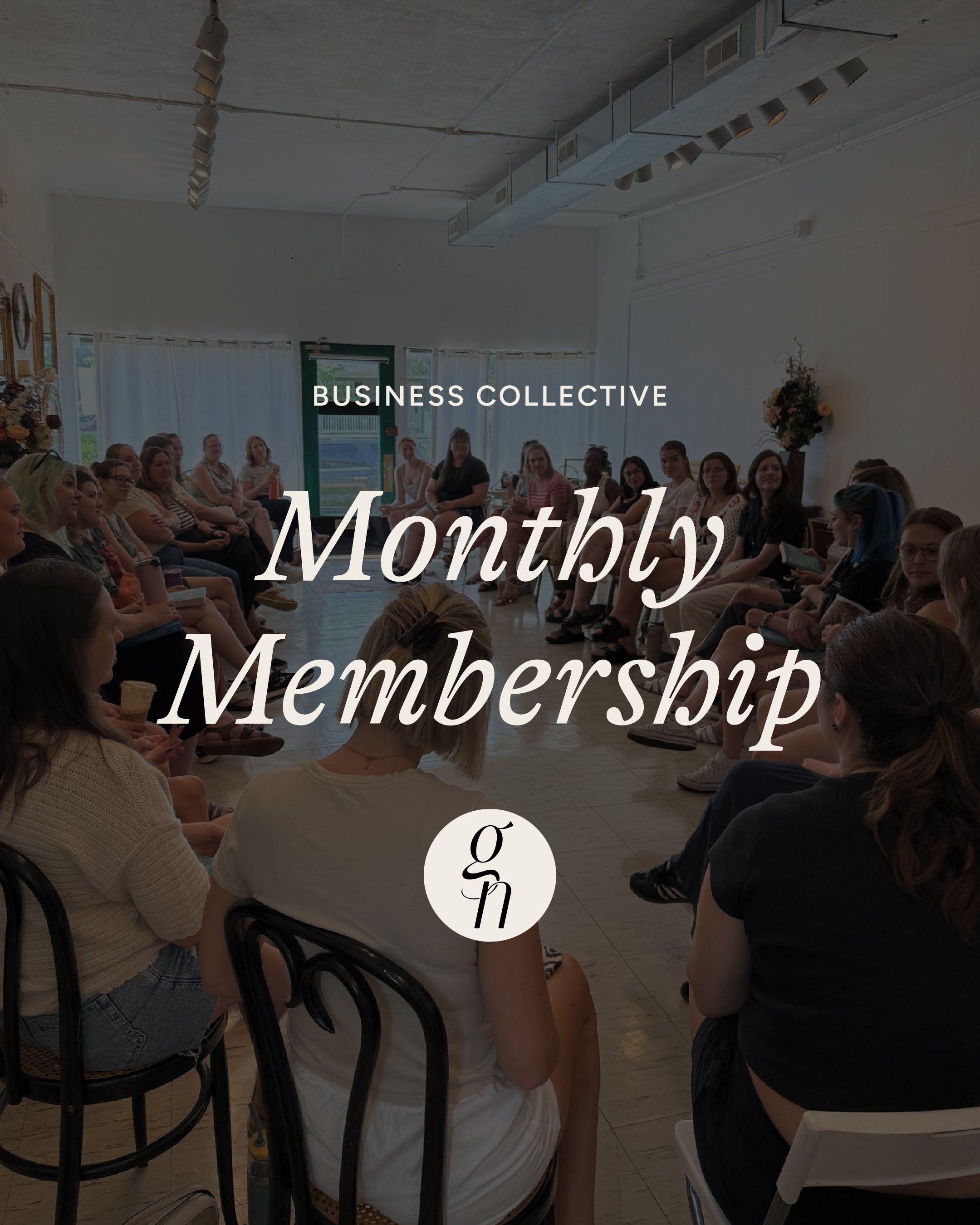 Group of people attending a business collective event with text overlay "Business Collective Monthly Membership".