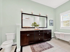 Bathroom with dark wooden vanity, large mirror, and white fixtures.