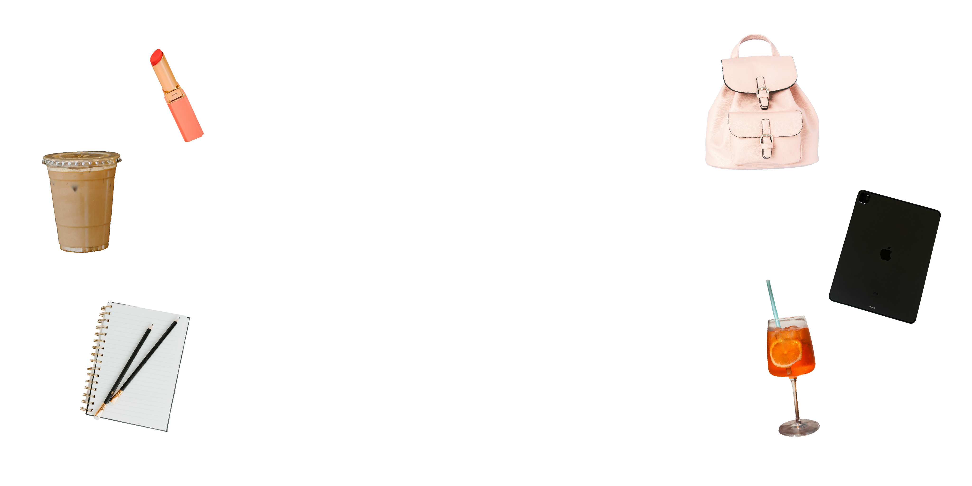 Collage of various items including a backpack, drink, notebook, and lipstick on a white background
