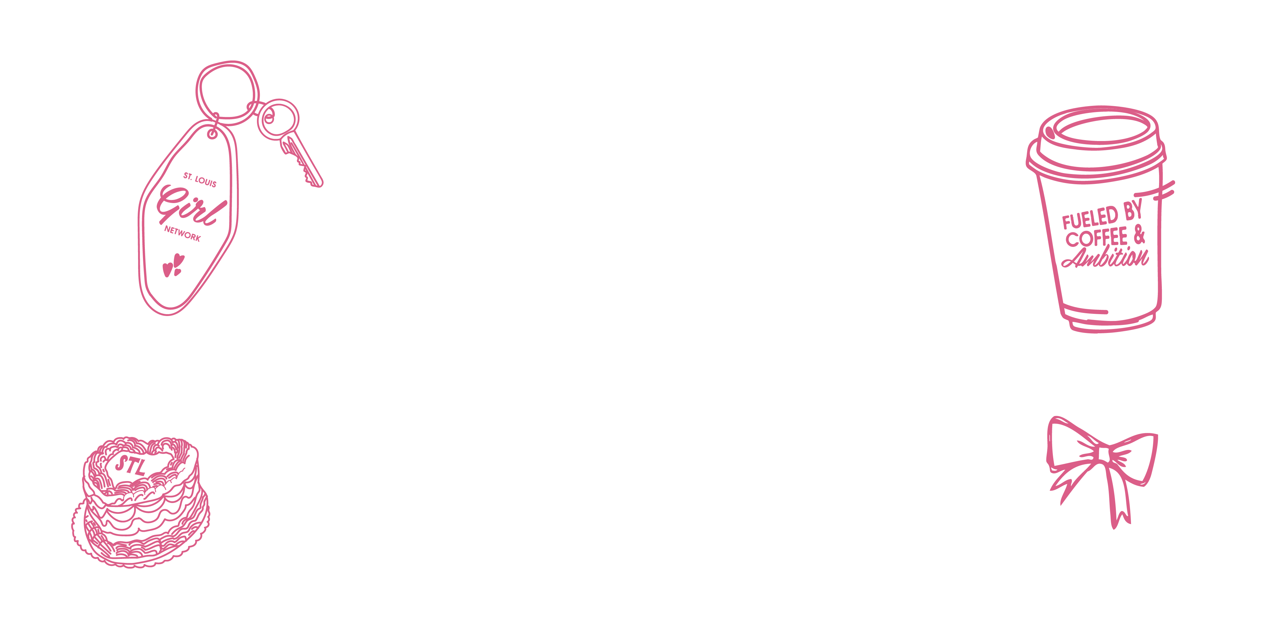 Set of pink illustrations on a white background, including a coffee cup, cake, and other items.