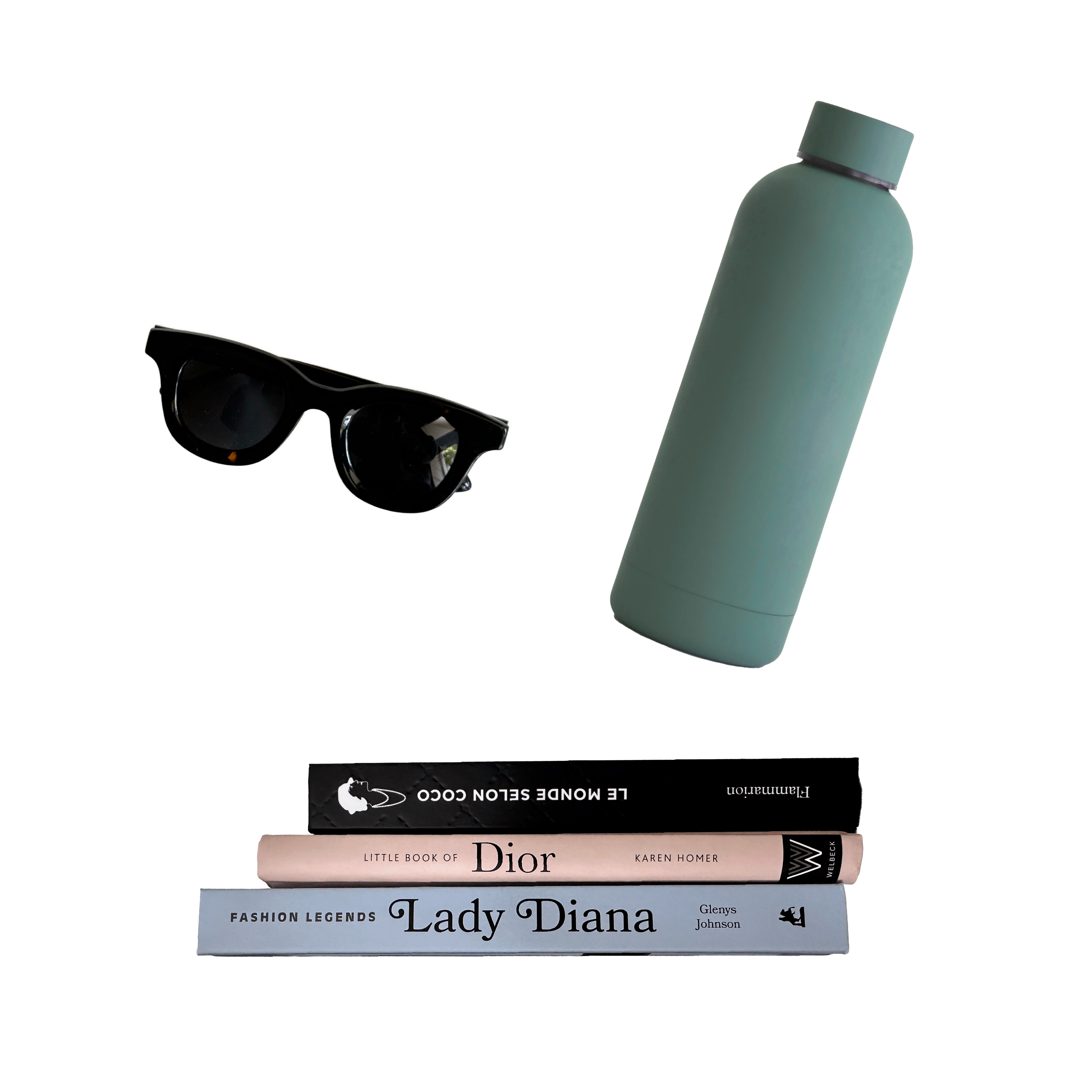 Green water bottle, black sunglasses, and three books on a white background
