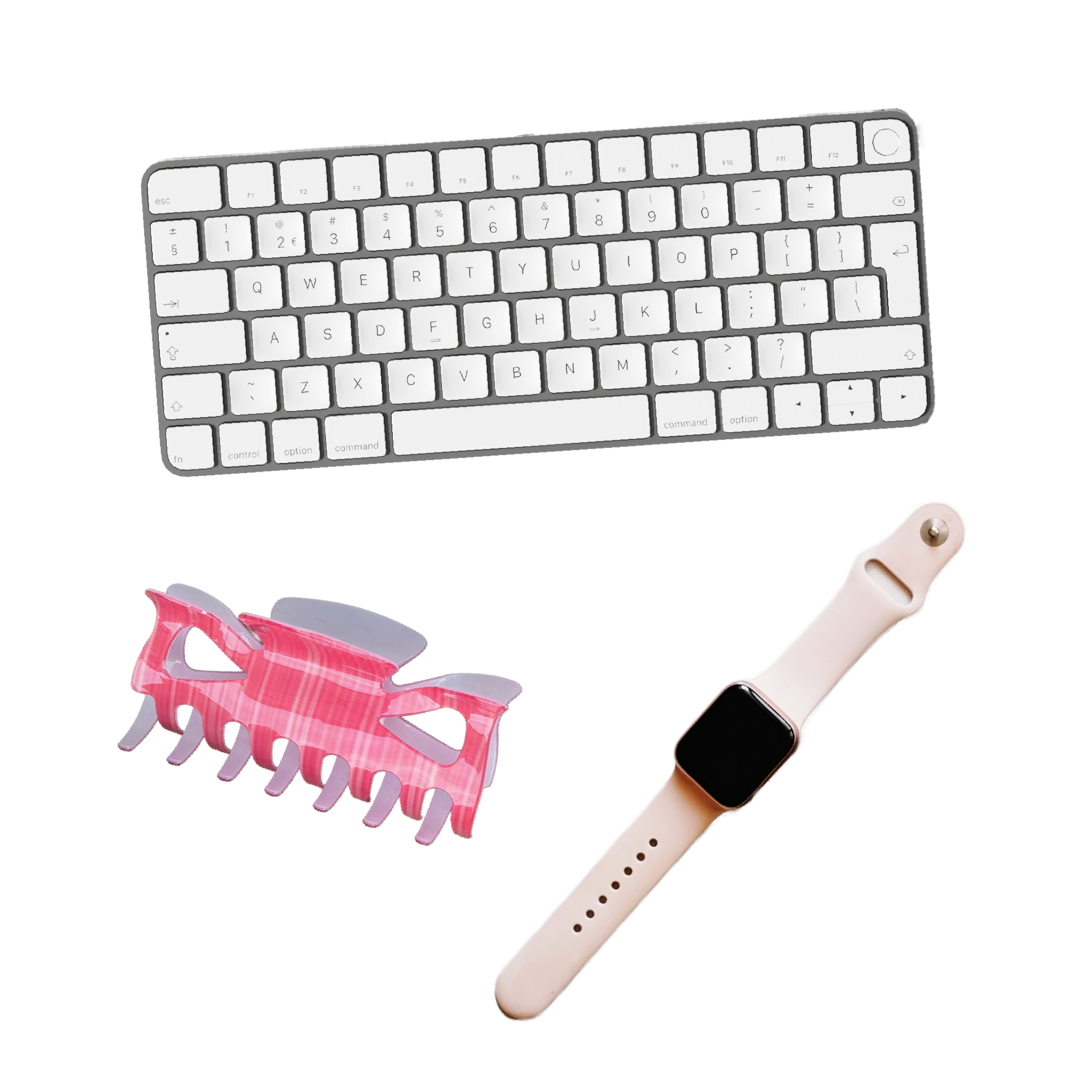 Small keyboard, pink comb, and beige smartwatch on a white background